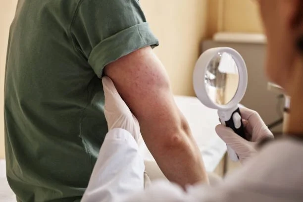 Médico examinando o braço de um paciente com erupção cutânea usando uma lupa