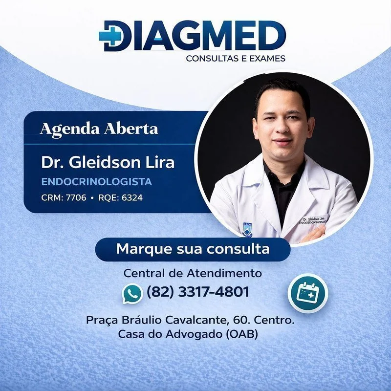 Logo Diagmed, Dr. Gleidson Lira endocrinologista, agenda aberta, telefone (82) 3317-4801 e endereço