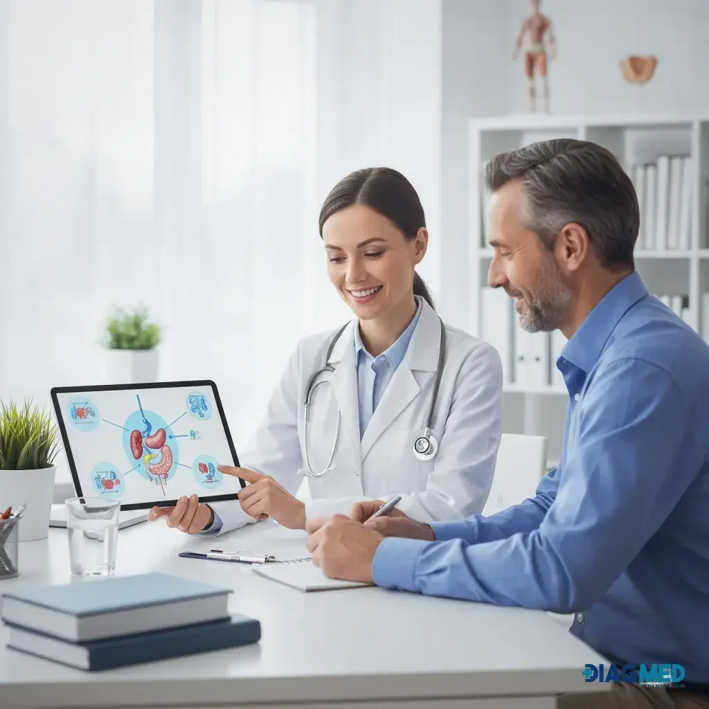 Médica sorridente mostra diagrama anatômico em tablet a paciente que anota em consulta médica
